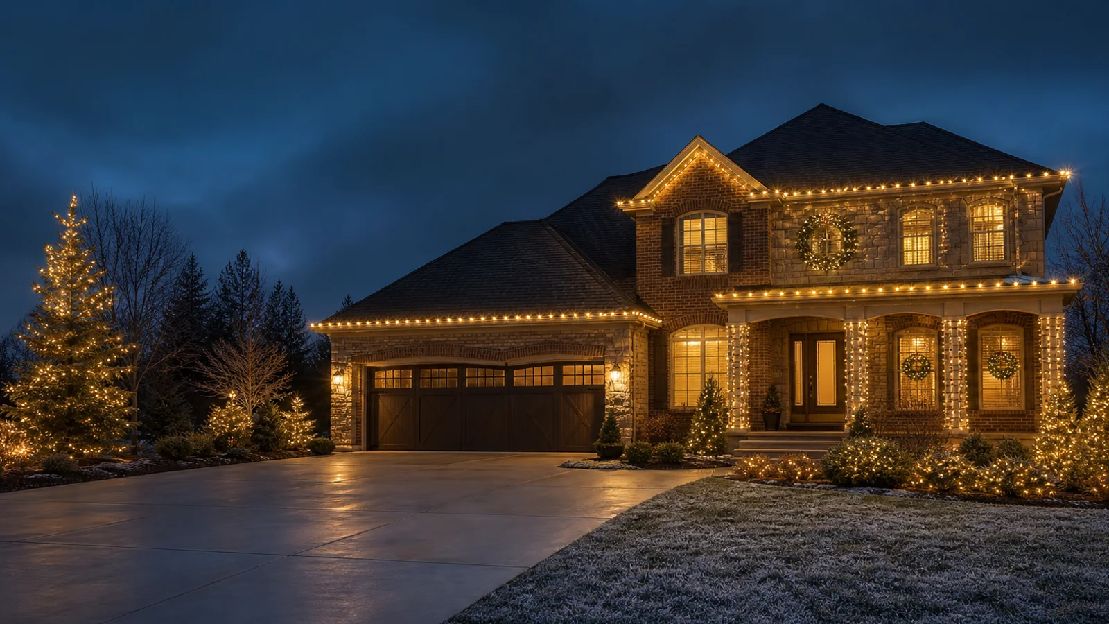 Elegant warm white Christmas lights professionally installed along the roofline, columns, wreaths, and trees of a Wichita area home
