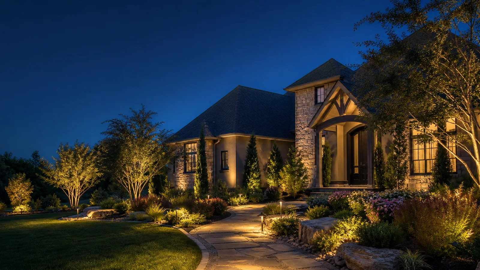 Professionally designed warm landscape lighting illuminating a Wichita area home, trees, garden beds, and walkway at dusk